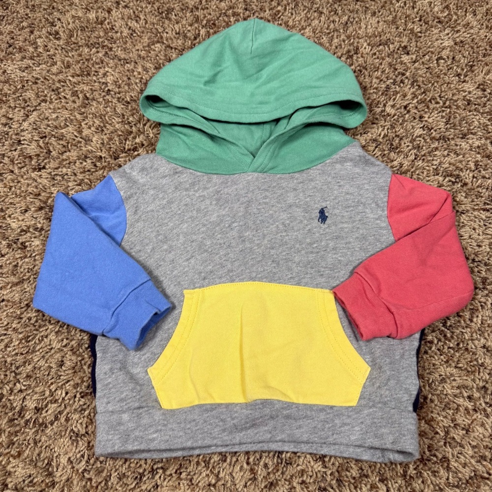 Ralph Lauren‎ Toddler Colorblock Hoodie Grey Navy Blue Red Yellow 18M Cotton